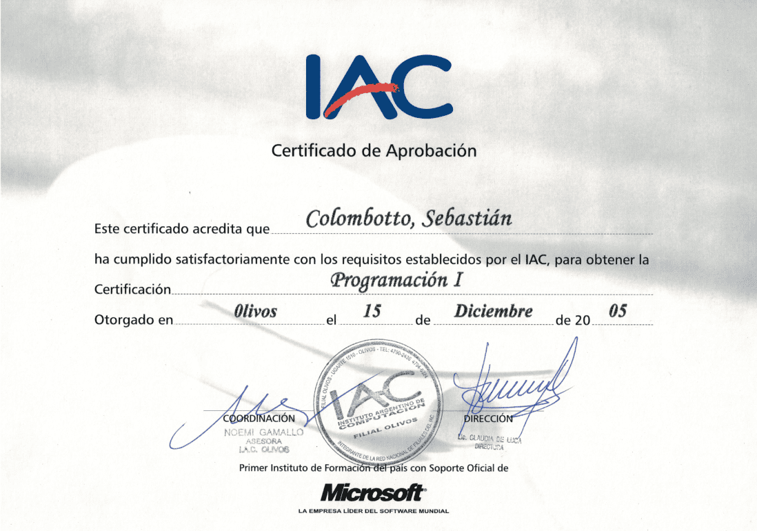Programming I certificate