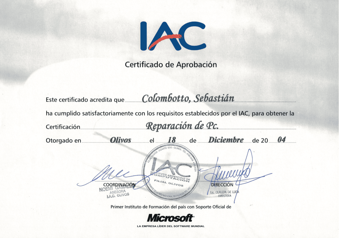 Computer Repair Course certificate
